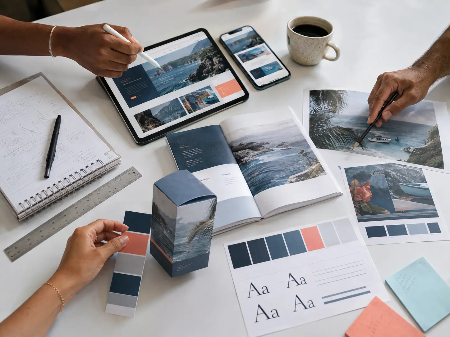 Espacio creativo con materiales de diseño, muestras impresas y equipo digital