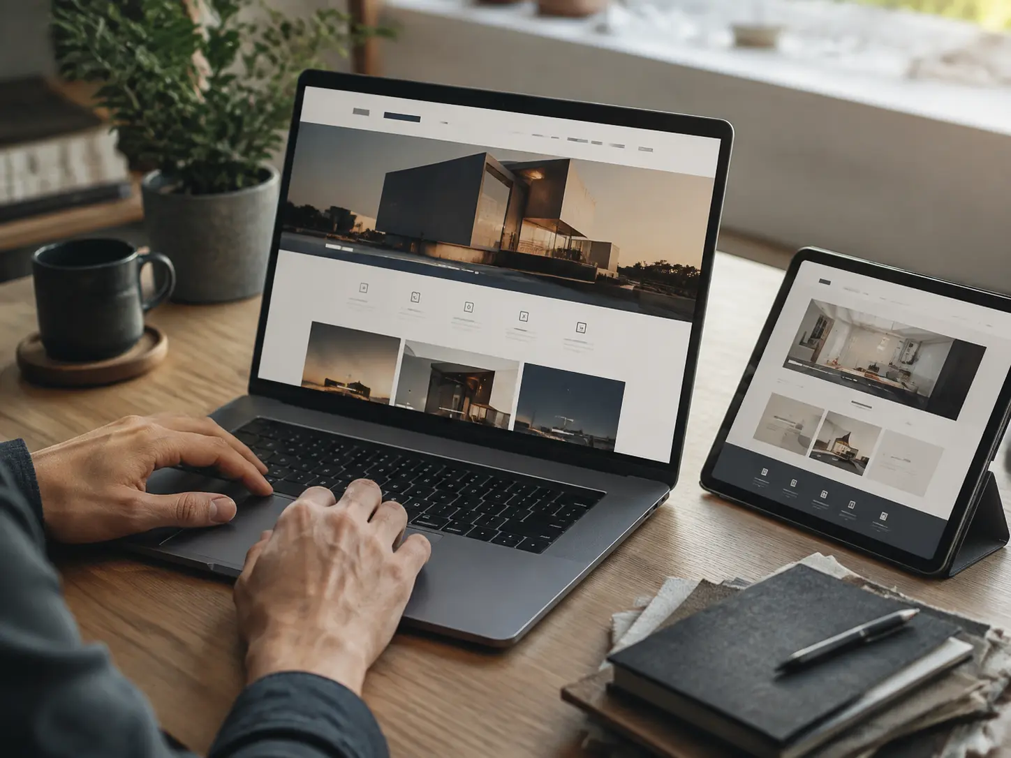 Website profesional abierto en una computadora portátil y una tableta